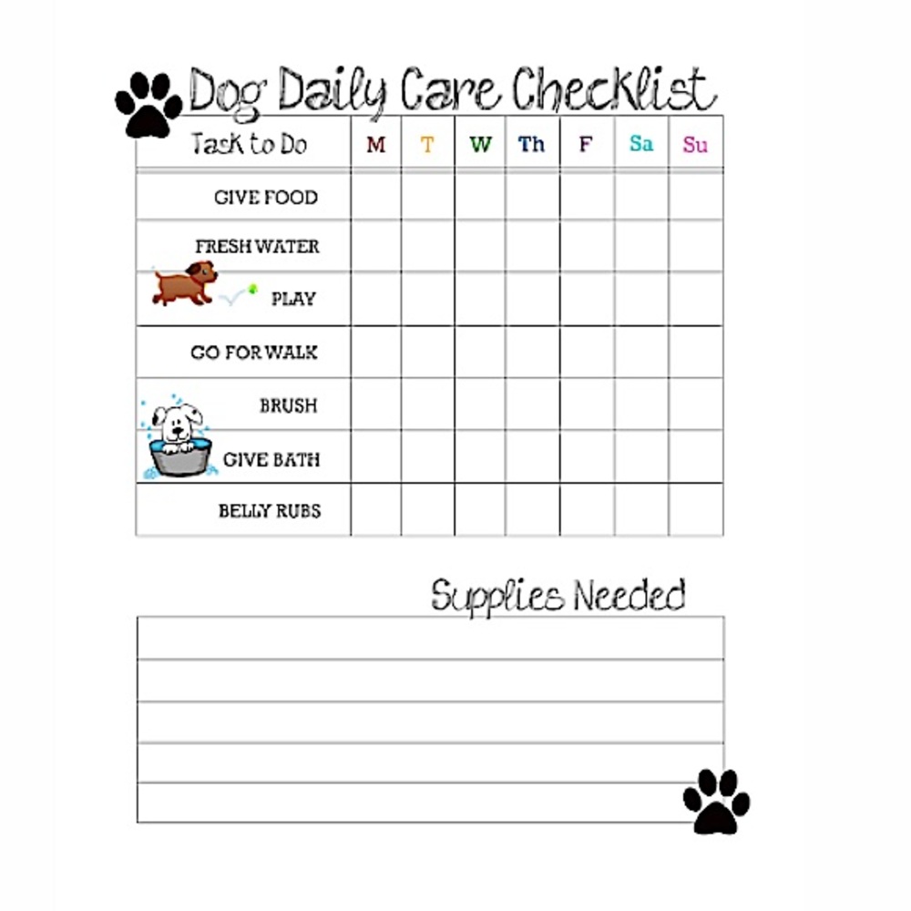 Laminated Dog Walking Feeding Bathing Schedule